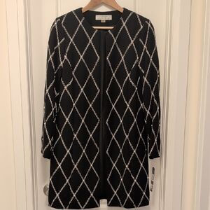 Tahari Black and White Geometric Coat With Pearls Women's US Size 4